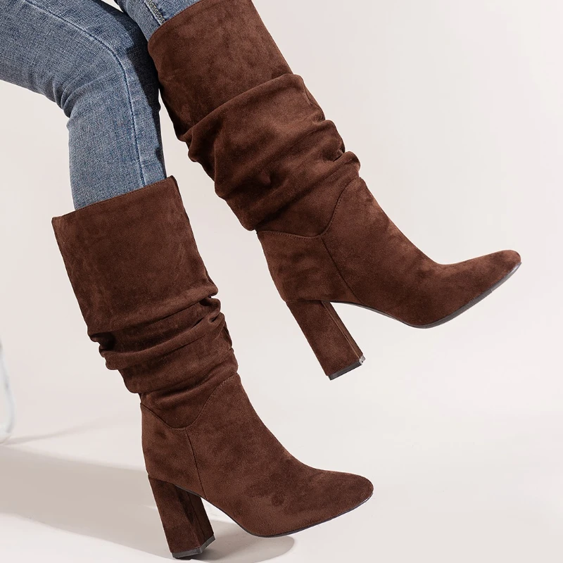 

Женские сапоги до середины икры, винтажные сапоги из флока на массивном каблуке, со складками, осень