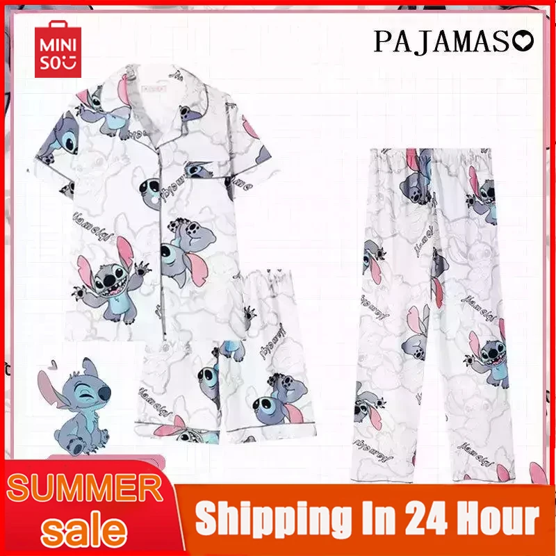 

Miniso аниме Ститч мультфильм женский пижамный комплект Kawaii Ститч кардиган Удобная Повседневная Свободная Пижама с коротким рукавом