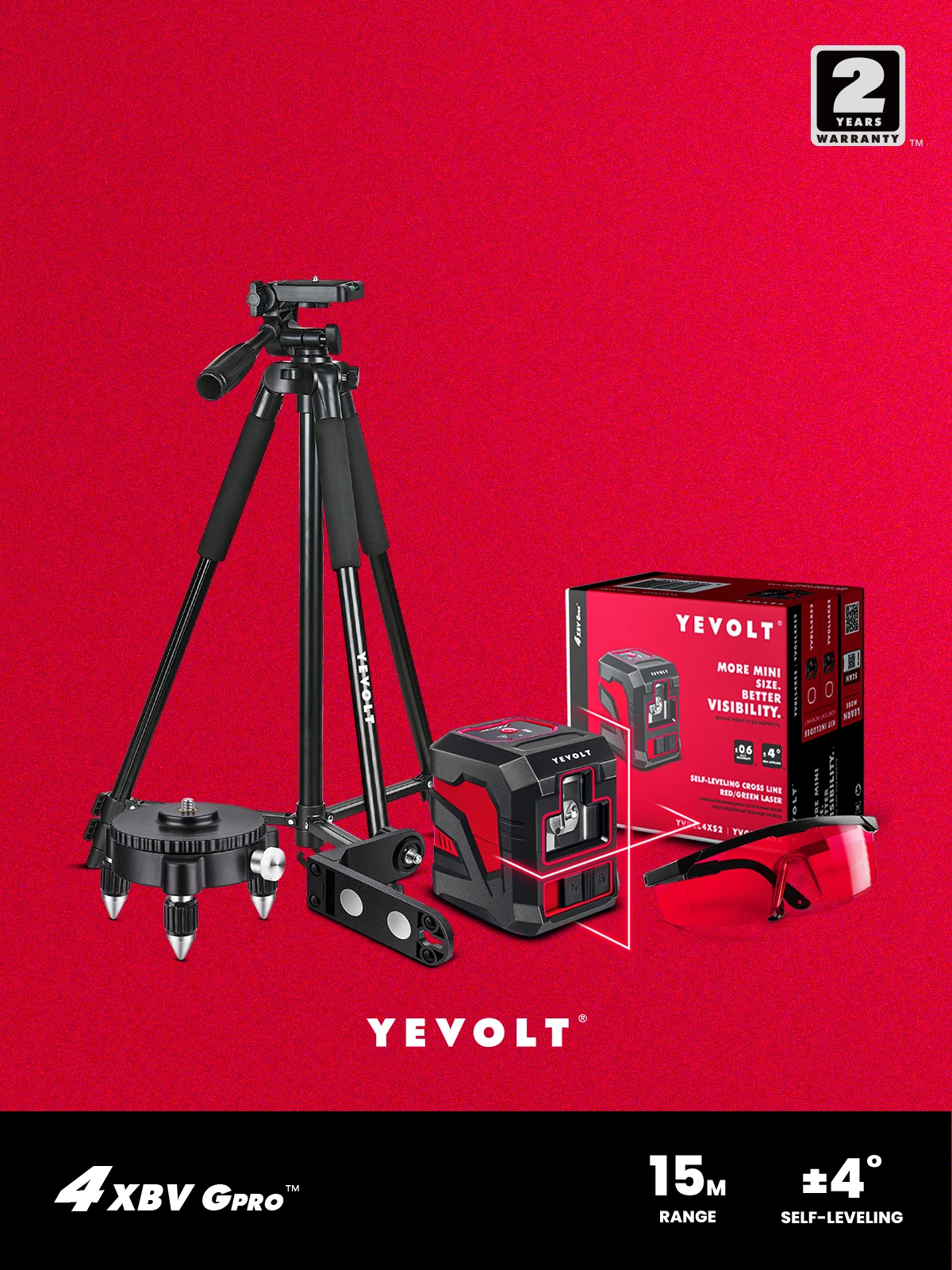 

YEVOLT TP-YVRLL4XS2-GLb Cross Line Red Laser Level Kit 2-Line Rotating Base Magnetic Holder Glasses Tripod Measuring Nivel Tools