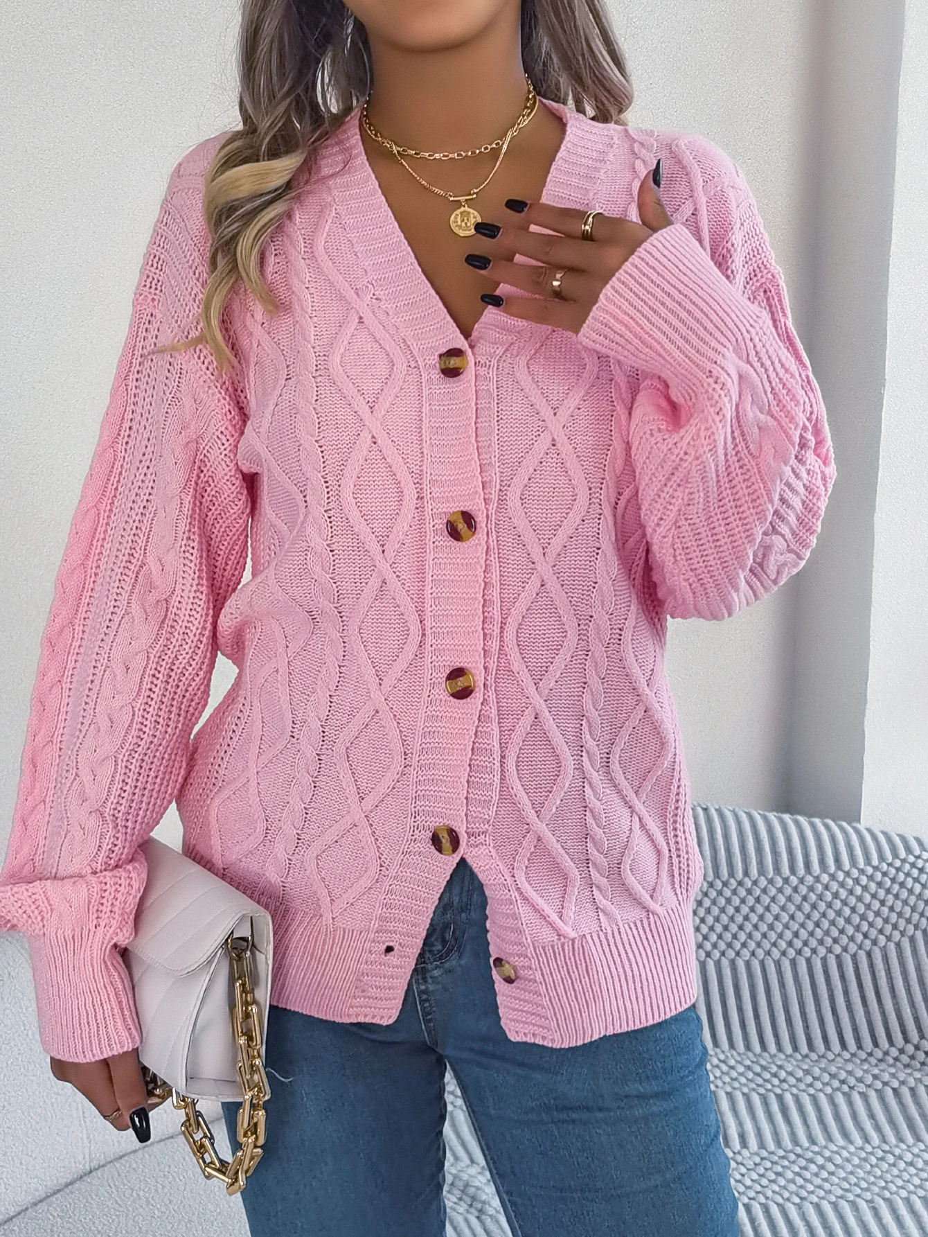 Pink V Neck Long Sleeve Knitted Cardigan for Women