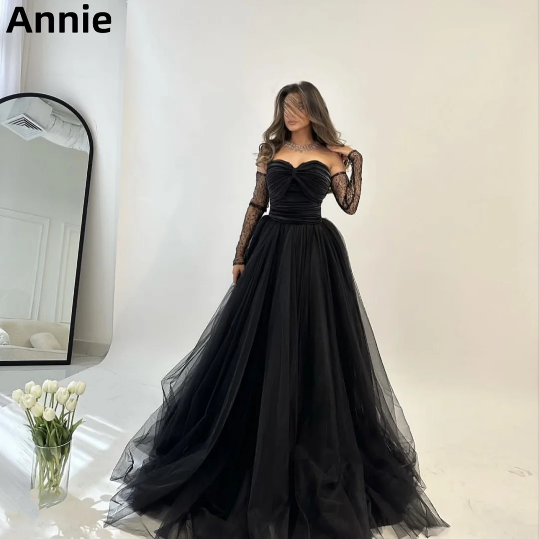 

Annie Black Long Sleeves Prom Dresses Pleated Tulle Evening Dress A-shaped Elegant Lady Party Dress 2024فساتين سهره فاخره