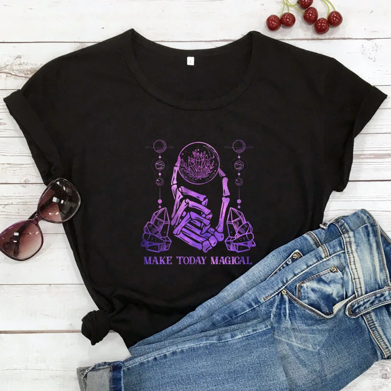 

make today magical witch tshirt spooky women short sleeve skeleton hand with crystal goth tee shirt top