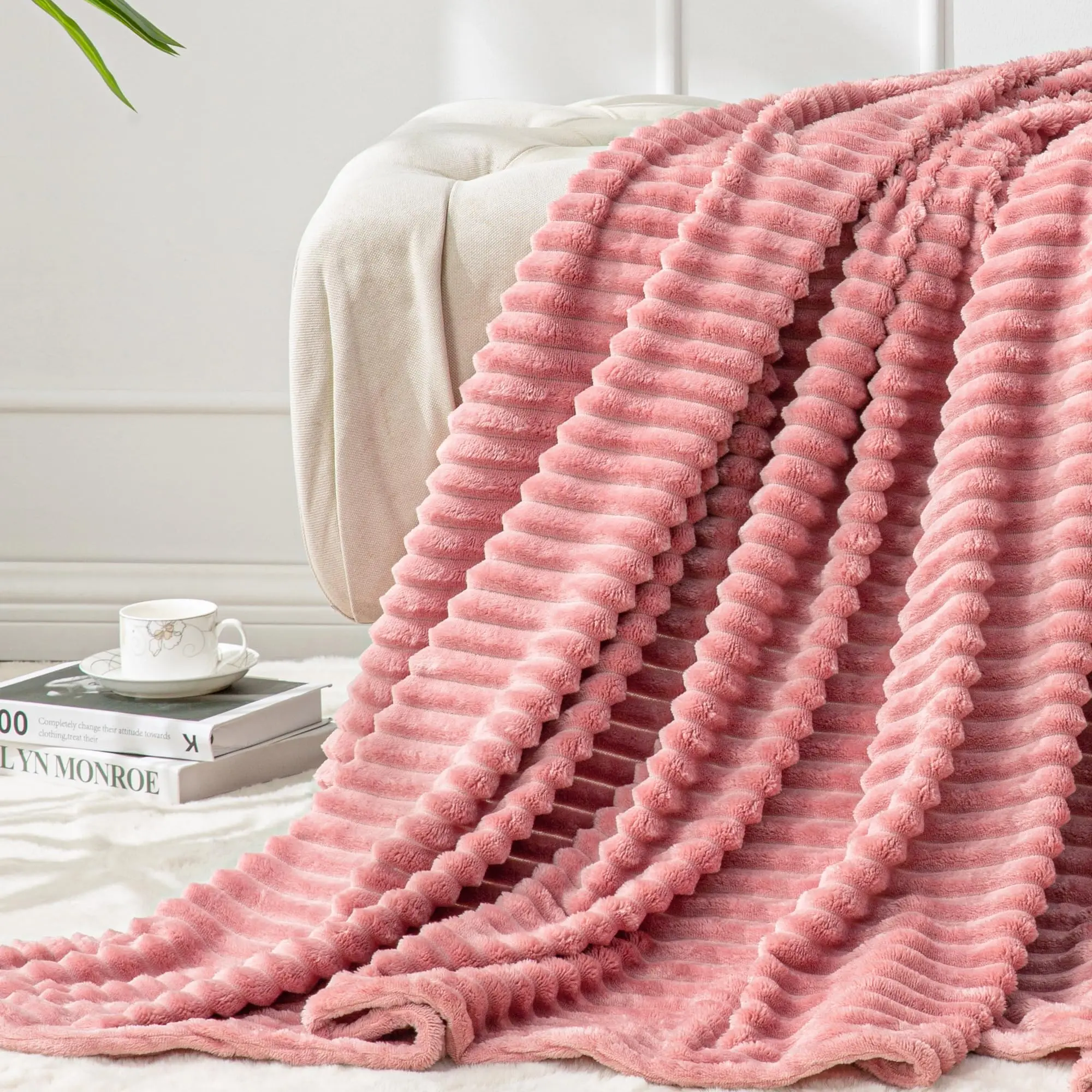 

Fleece Throw Blanket for Couch, 3D Ribbed Jacquard, Soft and Warm, Decorative Fuzzy Blanket for Bed and Sofa, 50x60"