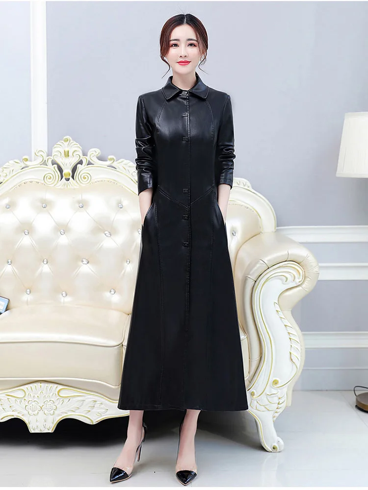 Size M-7XL New Women Leather Coat Spring Autumn 2023 Fashion Single Breasted Long Slim Leather Outerwear Female Long-sleeve Coat