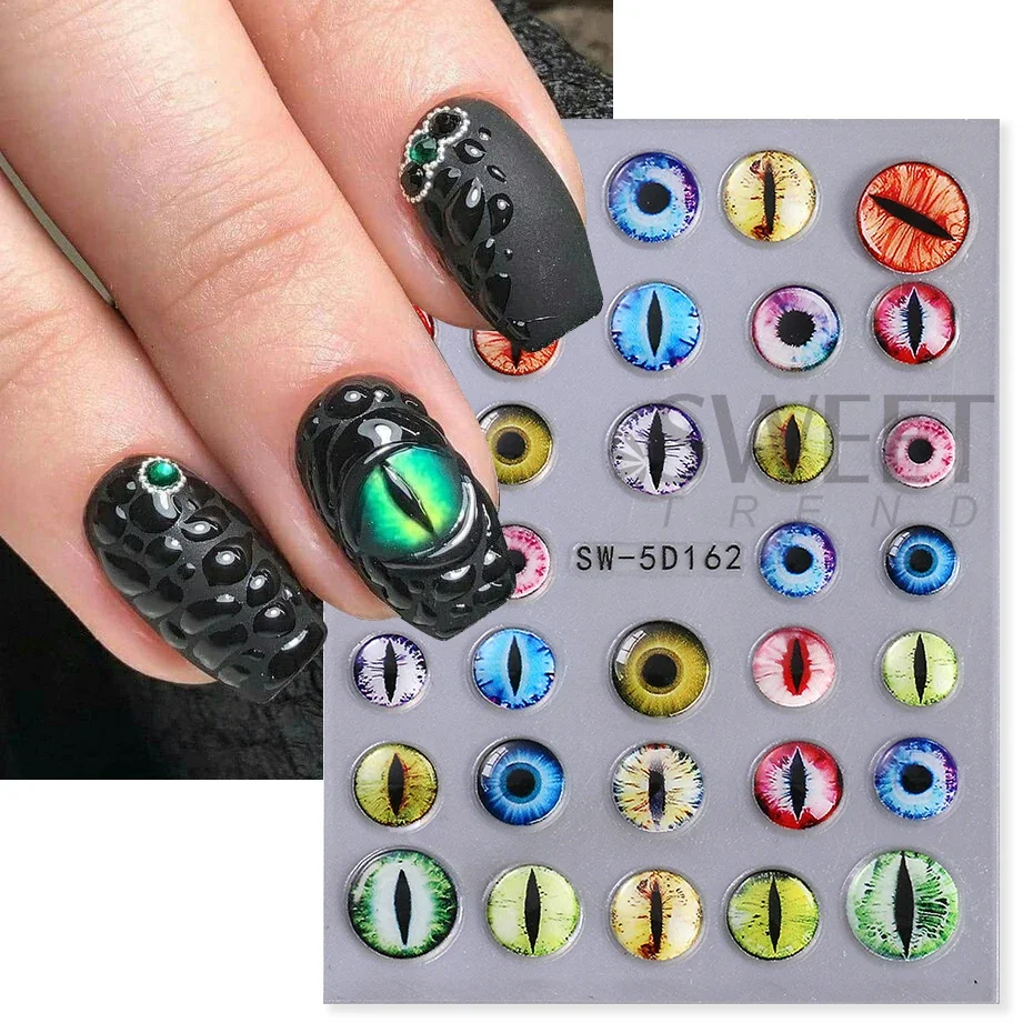 2pcs 5D Dragon Eye Embossed Nail Sticker Devil's Eyeball Black Belt Decals Halloween Holiday Sliders Gothic Style Manicure Foils