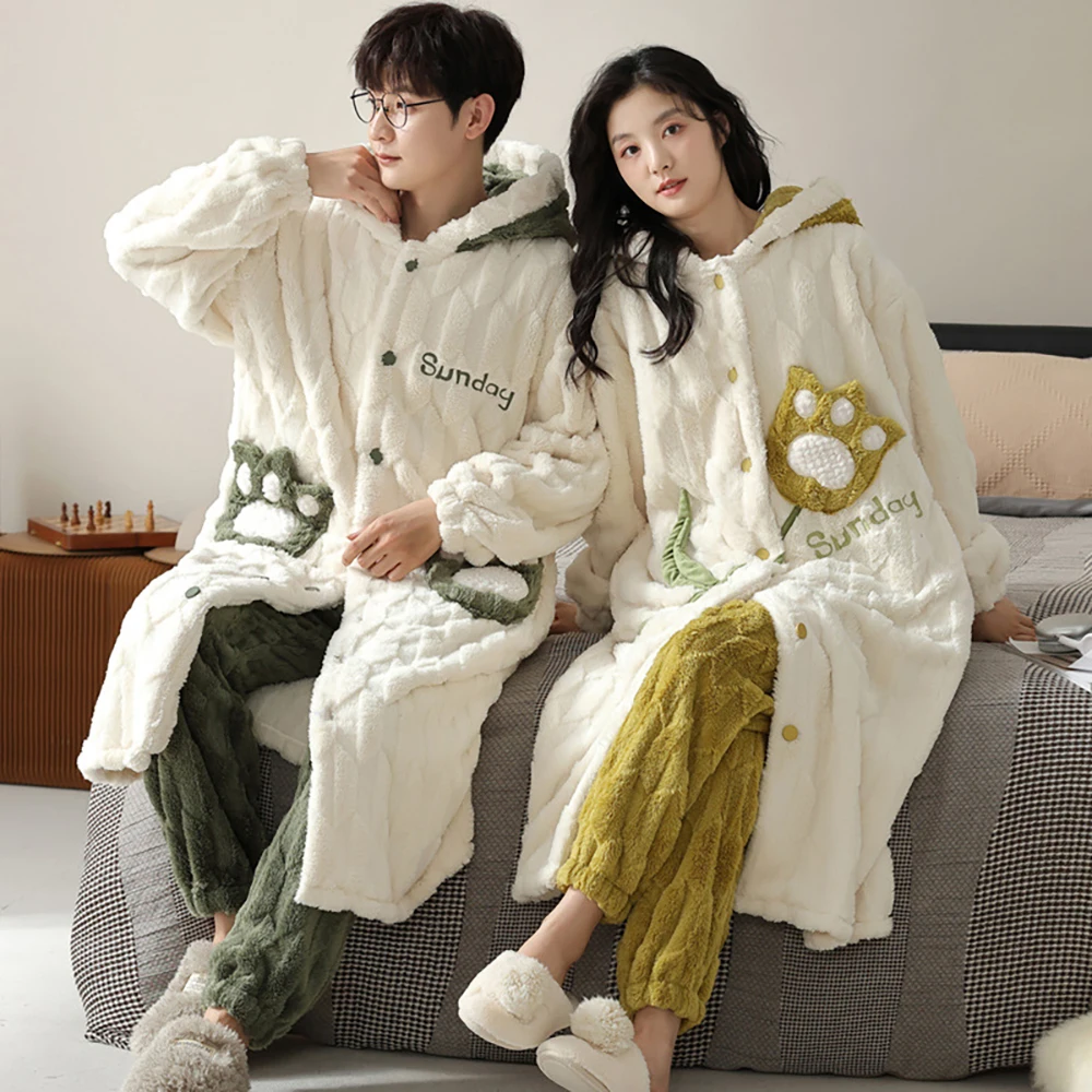 Fashion Hooded Men's Winter Flannel Pajamas Set Thicken Lengthen Warm Winter Couple Windproof Sleepwear Soft Pajama for Sleeping