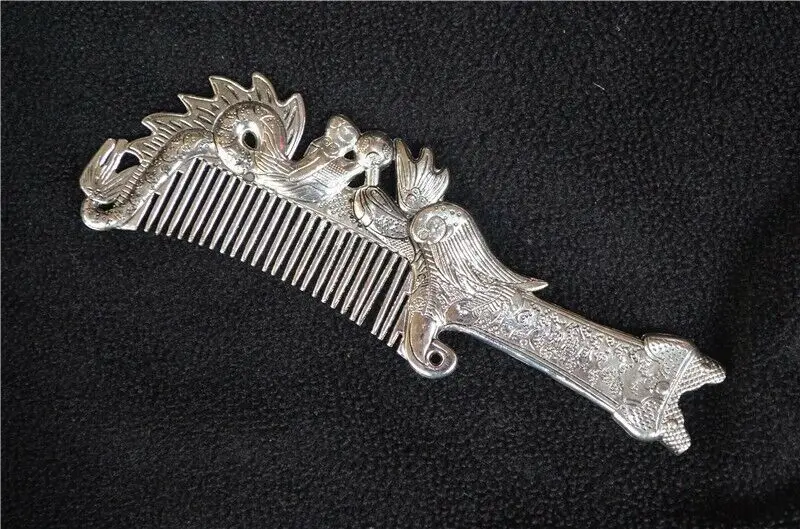 

Exquisite Old Chinese Tibet Silver Handcarved Dragon Phoenix Comb Statue