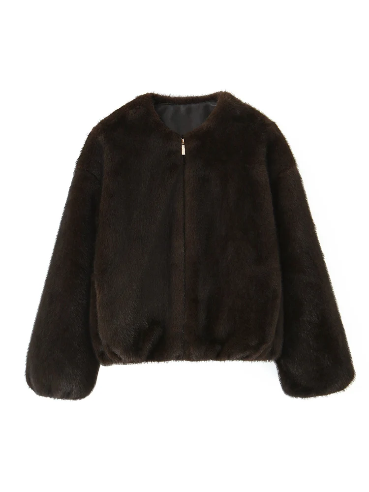 Women's Thick Warm Faux Fur Bomber Jacket O Neck Long Sleeve Female Outerwear Fashion Vintage Casual Zipper Cropped Jacket