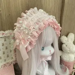 Lolita Pink Lace Bow Headband with Pearls - Elegant Hair Accessory (PK)