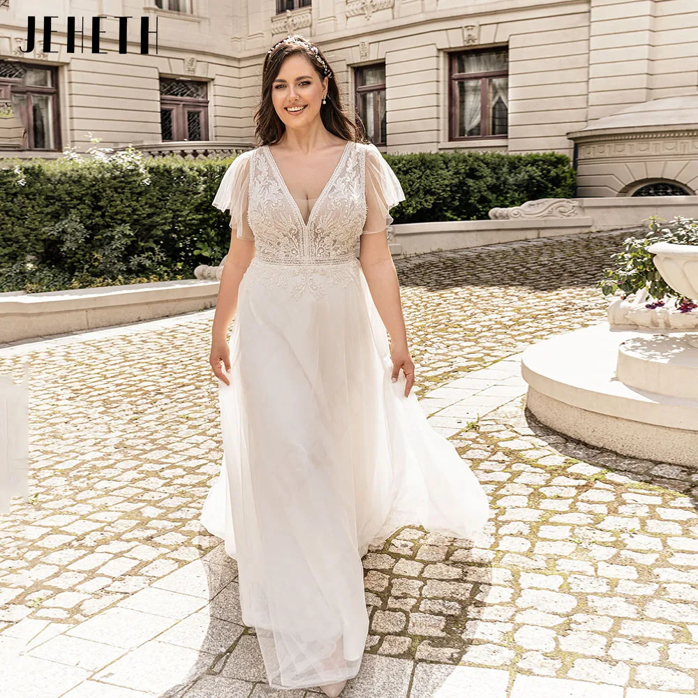 

JEHETH Boho Wedding Dresses Plus Size Short Sleeves Lace Applique Long Bride Gowns Sexy V-Neck Tulle A-Line vestido de noiva
