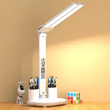 Lâmpada de Mesa LED Dobrável com USB, Regulável, Toque, Mesa, Calendário, Temperatura, Relógio, Luz Noturna, Estudo, Leitura