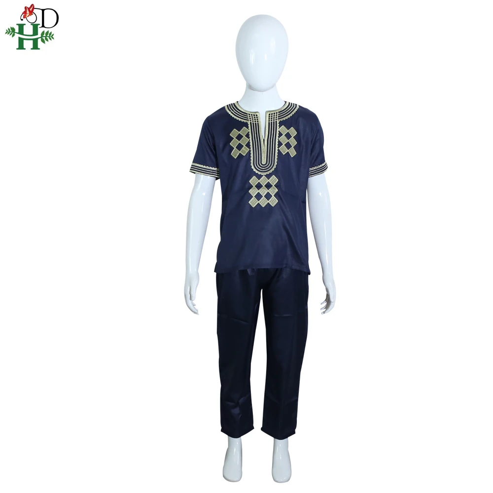 H&D Shirt Pants 2 Pieces Set For Kids Boys African Dashiki Hippie Clothes Children Embroidery Short Sleeve Top Trouser Suit Robe