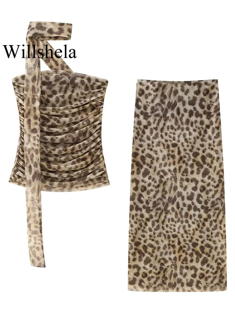 Willshela 여성 패션 2 조각 세트 Tulle Leopard Pleated Tops & 빈티지 하이 웨스트 미디 스커트 여성 세련된 레이디 스커트 세트