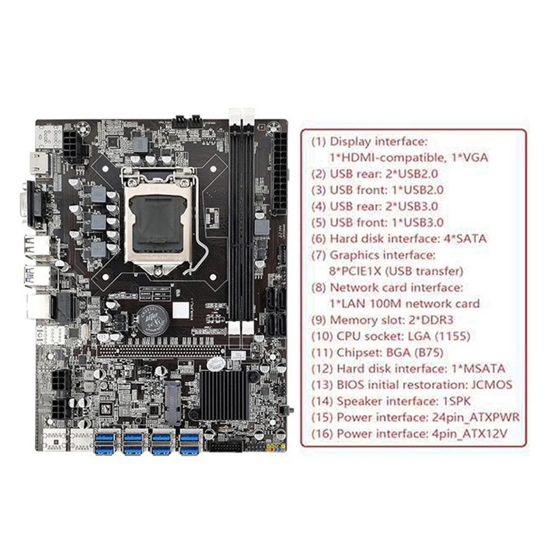 B75 ETH Mining Motherboard 8XPCIE To USB LGA1155 DDR3 4GB 1600Mhz+Cooling Fan+RJ45 Network Cable+G530 CPU BTC Miner motherboards computer