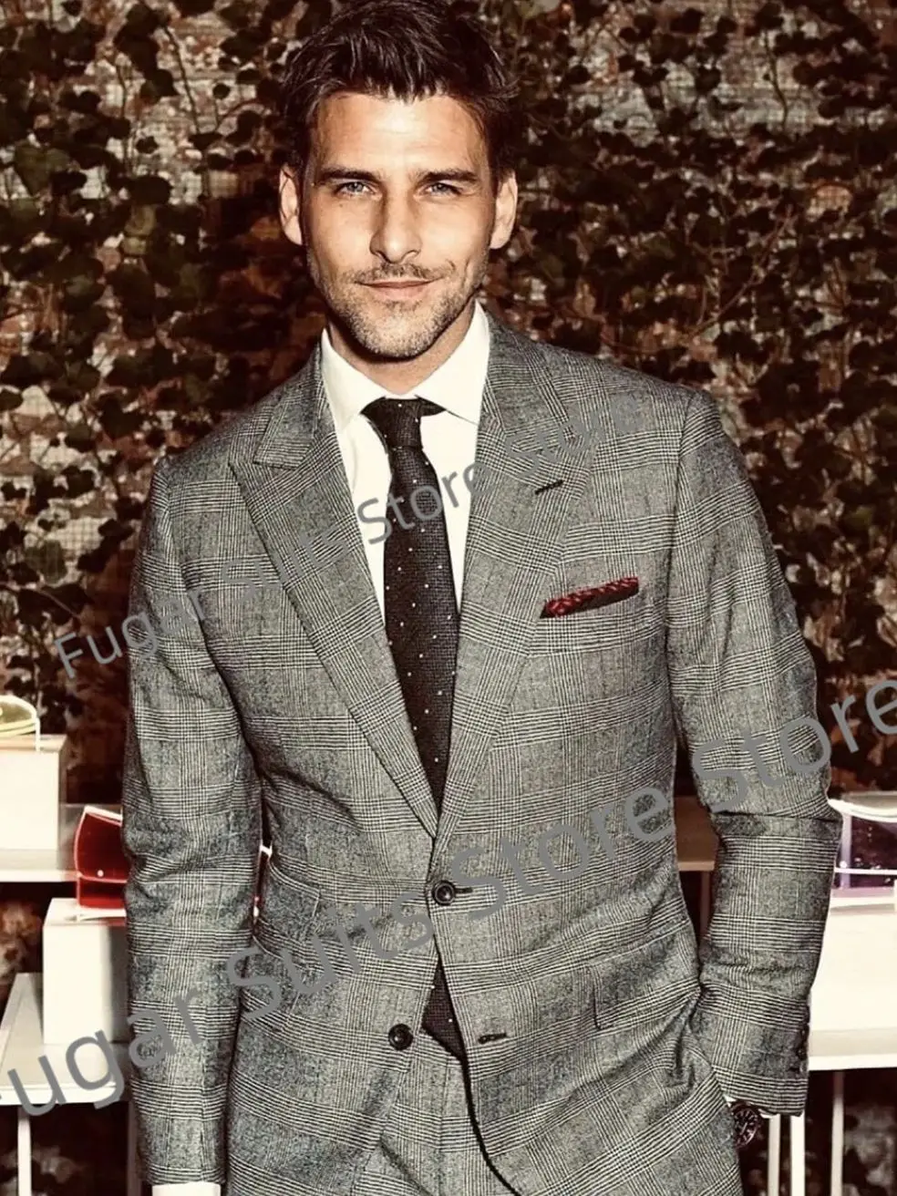 Fashion Twill Grid Wedding Men Suits Slim Fit Peak Lapel Groom Formal Tuxedos 2Pieces Sets Business Male Blazer Trajes De Hombre