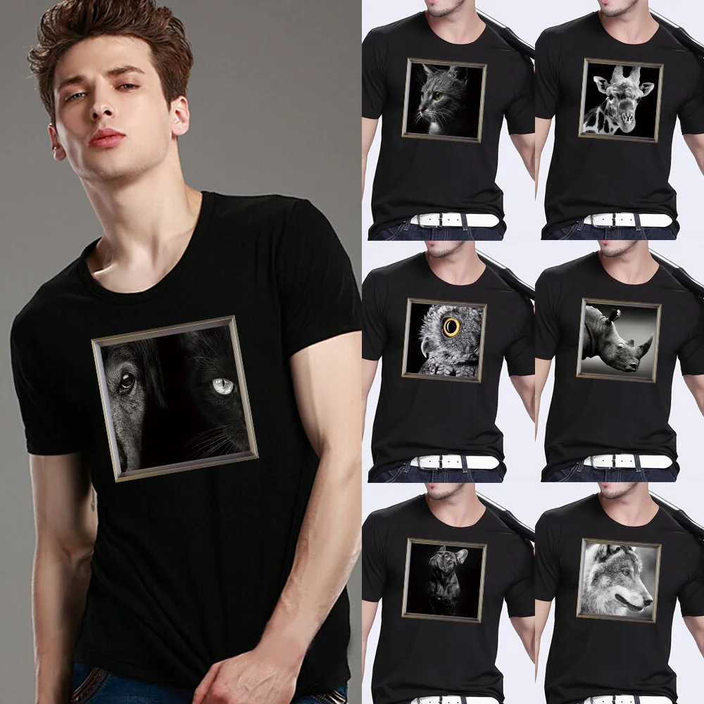 

Summer Leisure Animal Series Print Pattern Men's Black Round Neck Short Sleeve Comfortable Top T-shirt Paired Fashion Commuter