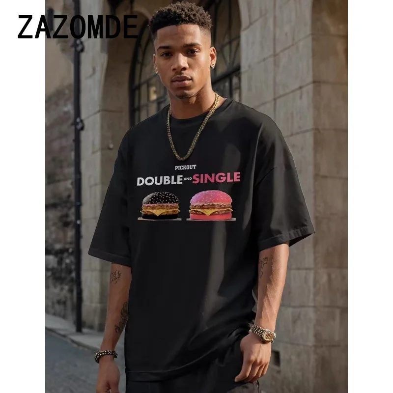 

ZAZOMDE Summer Fashion Heavyweight Retro Men's Burger 100% Cotton Printed Round Neck High Quality Casual Fitness Street T-shirt