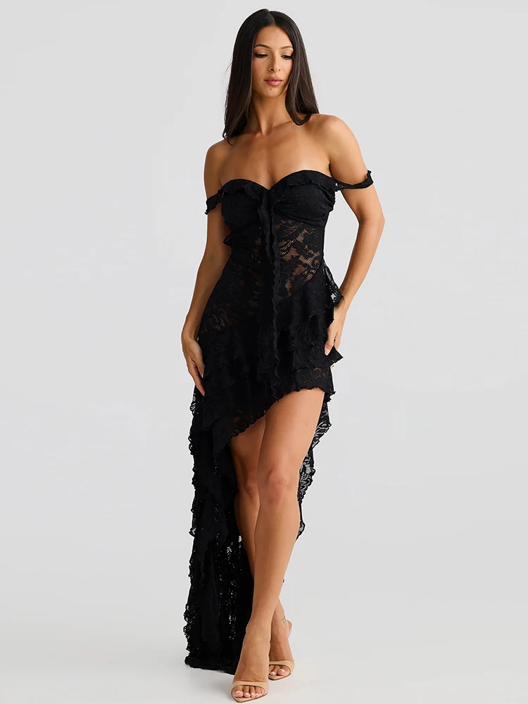 Nibber Sexy rregular Tierred Dress Women Mesh Patchwork Slash Neck Lace-Up Backless Midnight Banquet Party Elegant Long Bodycon