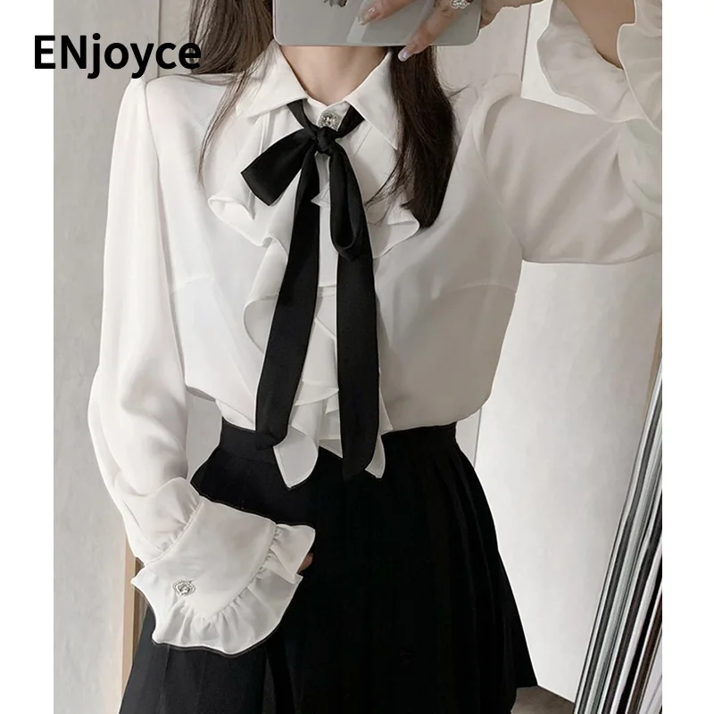 

2024 Spring Women Vintage Ruffle Collar White Shirt with Black Tie Office Lady Lantern Sleeve Blouse Workwear Shirts Tops