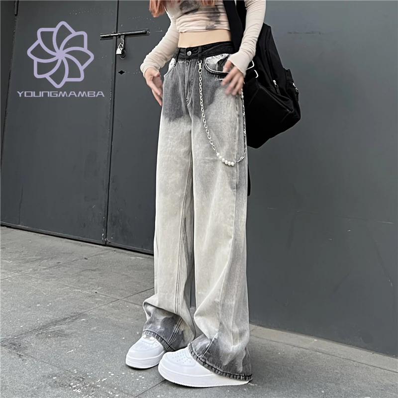 

INS Retro Tie Dyed American Style Wide Leg Denim Pants Women Loose Casual High Waist Couple Jeans Trend