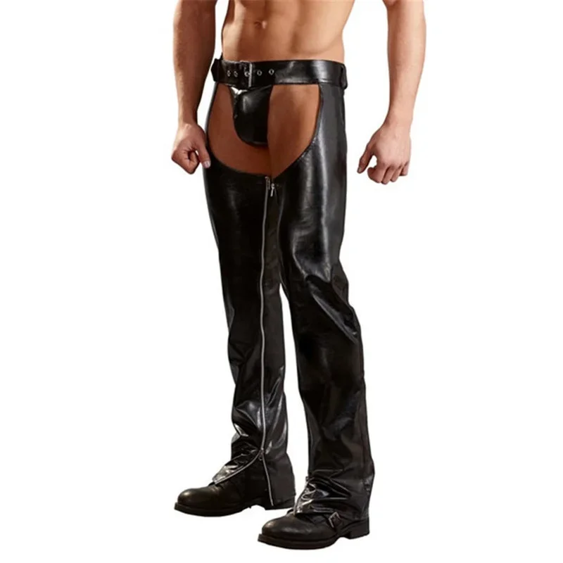 Men Trousers Leather Pants Cowboy Chaps Thongs Sleeves Backless Moto Cool Outfits Stripper Adult