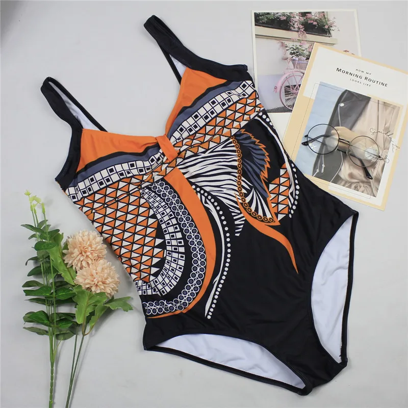 One Piece Swimsuit Plus Size Padded Bikini Set Peacock Women's High Waist Triangle Thong Brazilian Swimwear Retro Bathing Suit