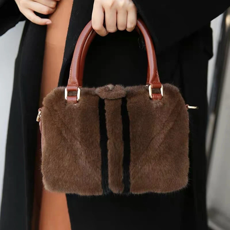 Fashion Luxury Women's Fur Handbag Winter Natural Mink Fur Shoulder Bag Real Cowhide Handles High Quality Crossbody Bag