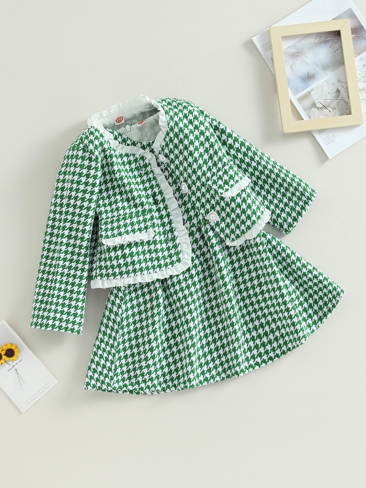 

Adorable Toddler Girl Vintage Plaid Dress and Ruffle Coat Set with Button Detail and Sleeveless Design - Perfect 2 Piece Outfit