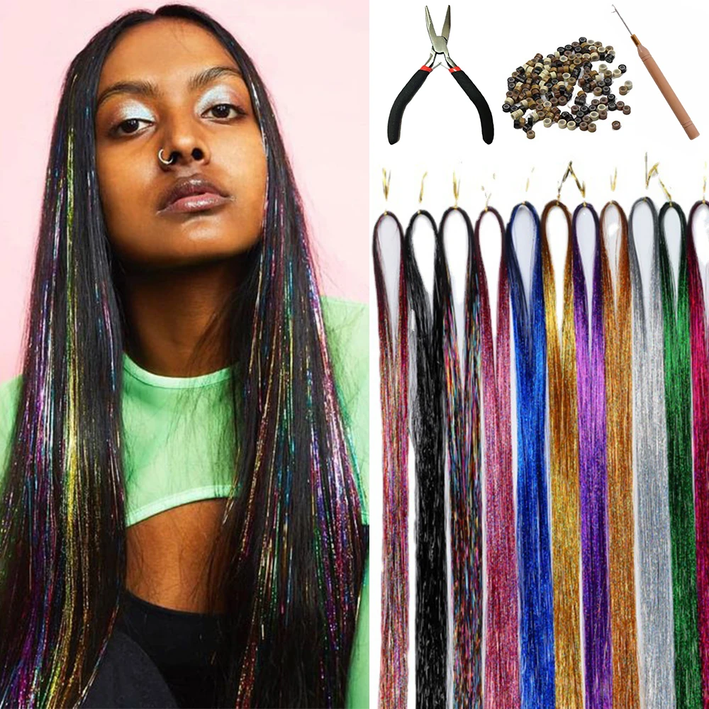 AZQUEEN 110cm Sparkle Hair Tinsel Rainbow Colored Strands Girl Headwear