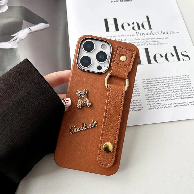 Charming Bear Leather Wrist Strap Phone Case - Soft Cover