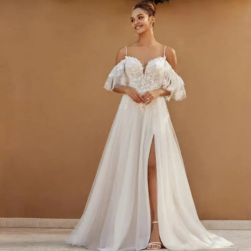 

Elegant Wedding Dress For Woman Boho Off Shoulder Draped Sleeves Bridal Gowns White Lace Appiques Front Slit Vestidos De Noche