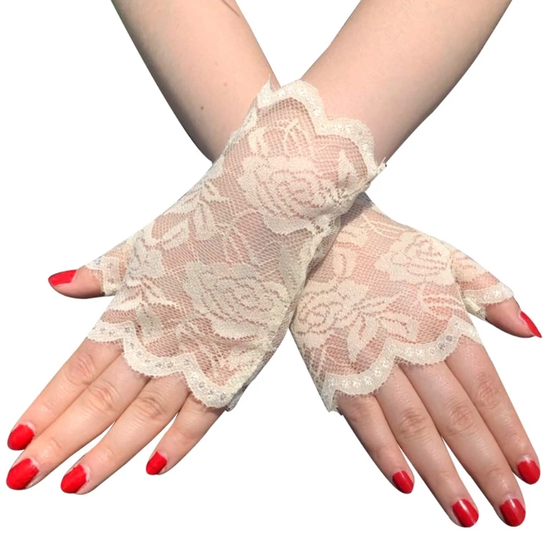 

Lace Gloves Elegant Short Courtesy Summer Wrist Length Fingerless Floral Mittens
