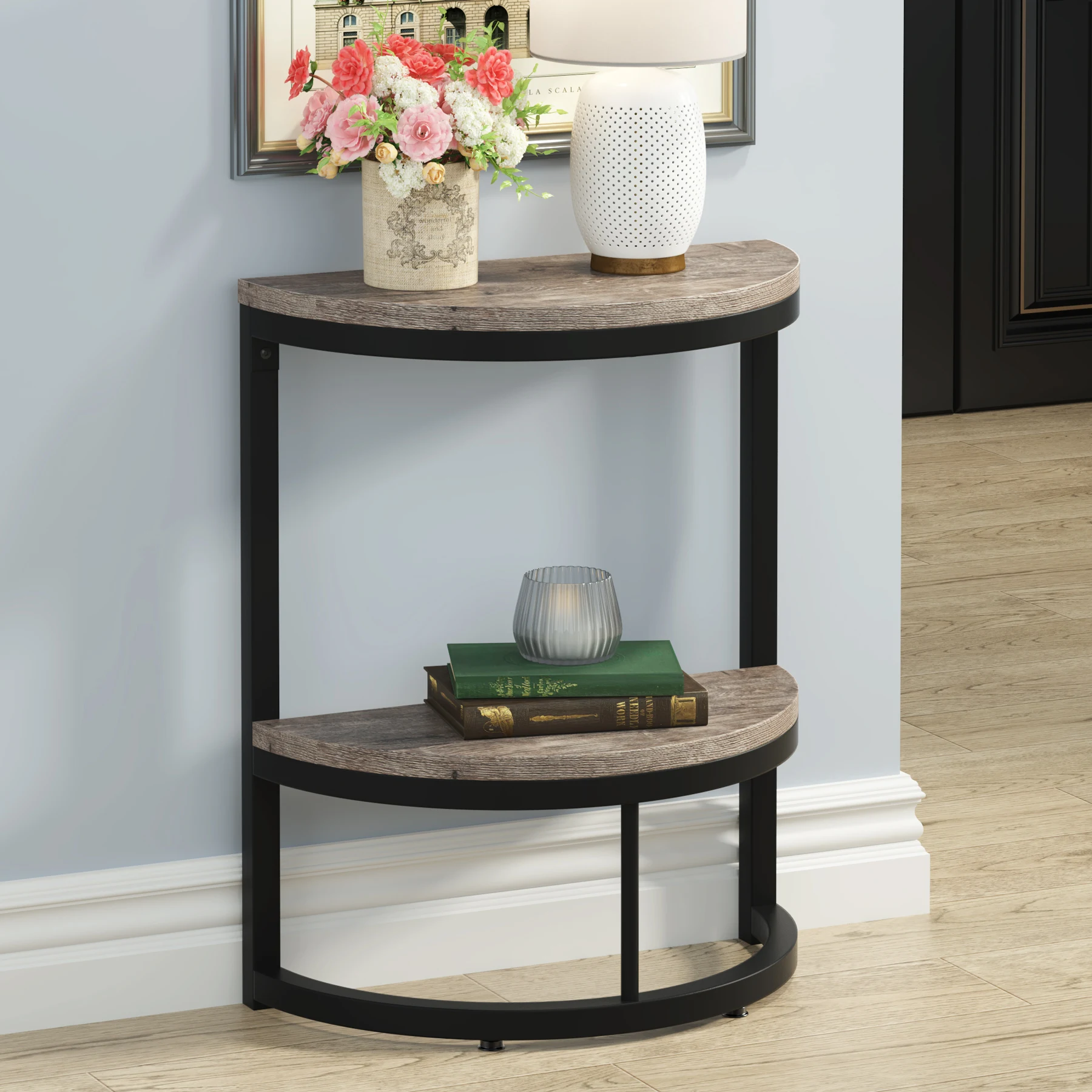 

Tribesigns 2-Tier End Table Semi Circle, Small Half Round Side Table with Storage Shelf, Wood Accent Table Slim C Table