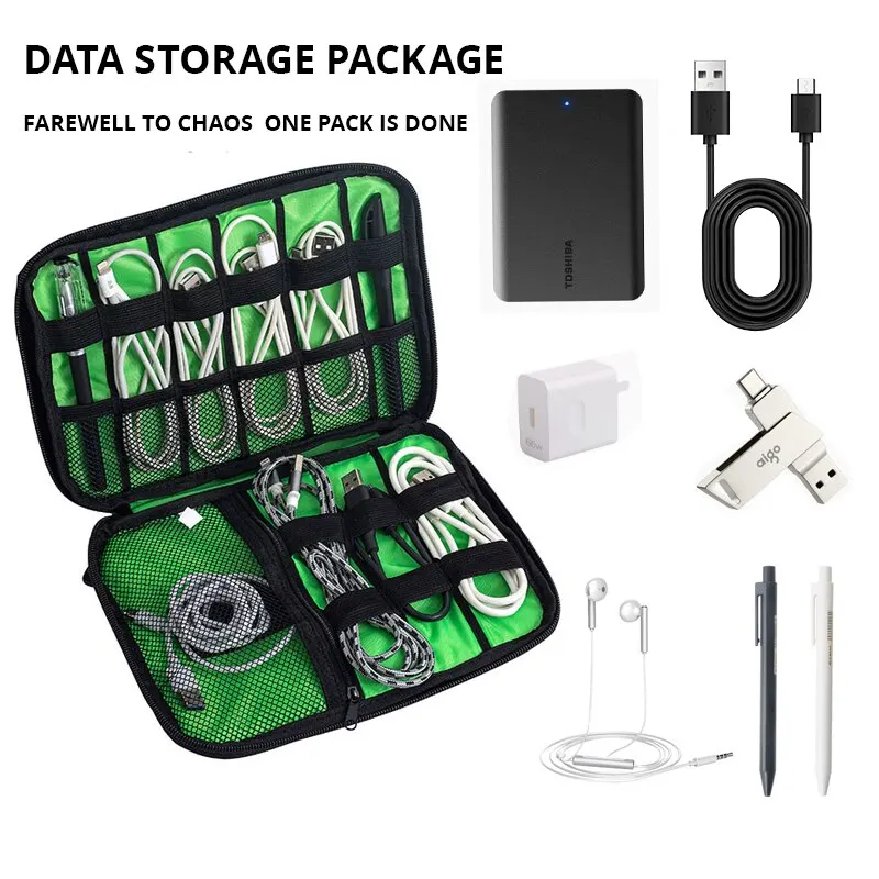 1pc Black Green Storage Bag Electronic Accessory Organizer Portable Usb Data Cable Charger Plug Travel Waterproof Organizer - 3