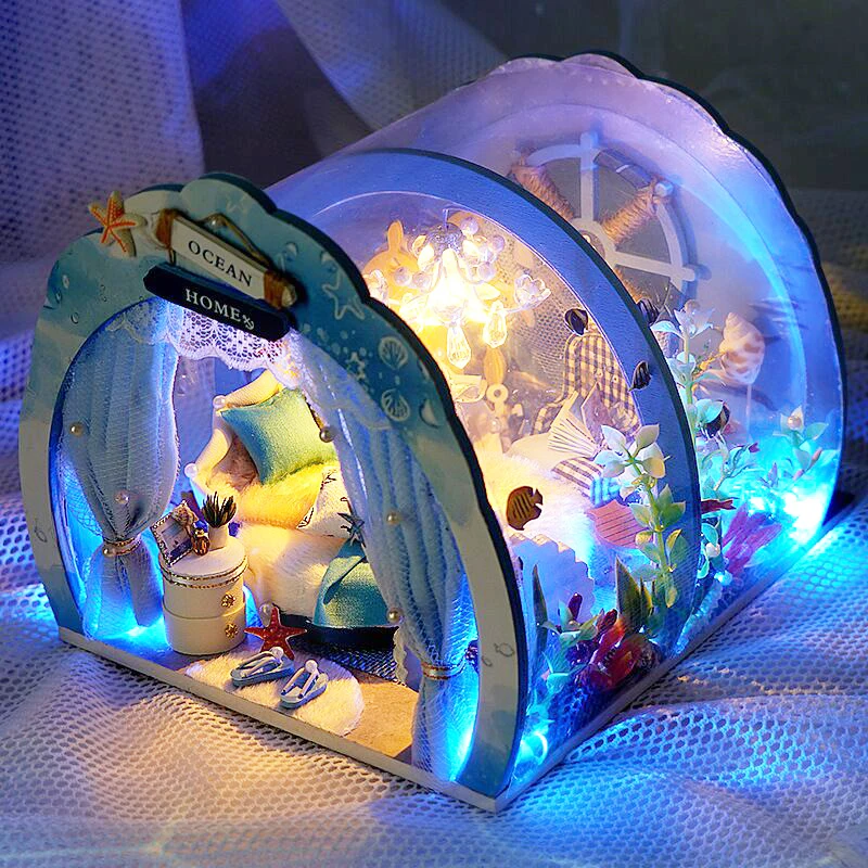 

Cutebee DIY Wooden DollHouse Ocean Room Kit Wooden Doll house Assembled With Light Model Casa for Children Adult Gifts