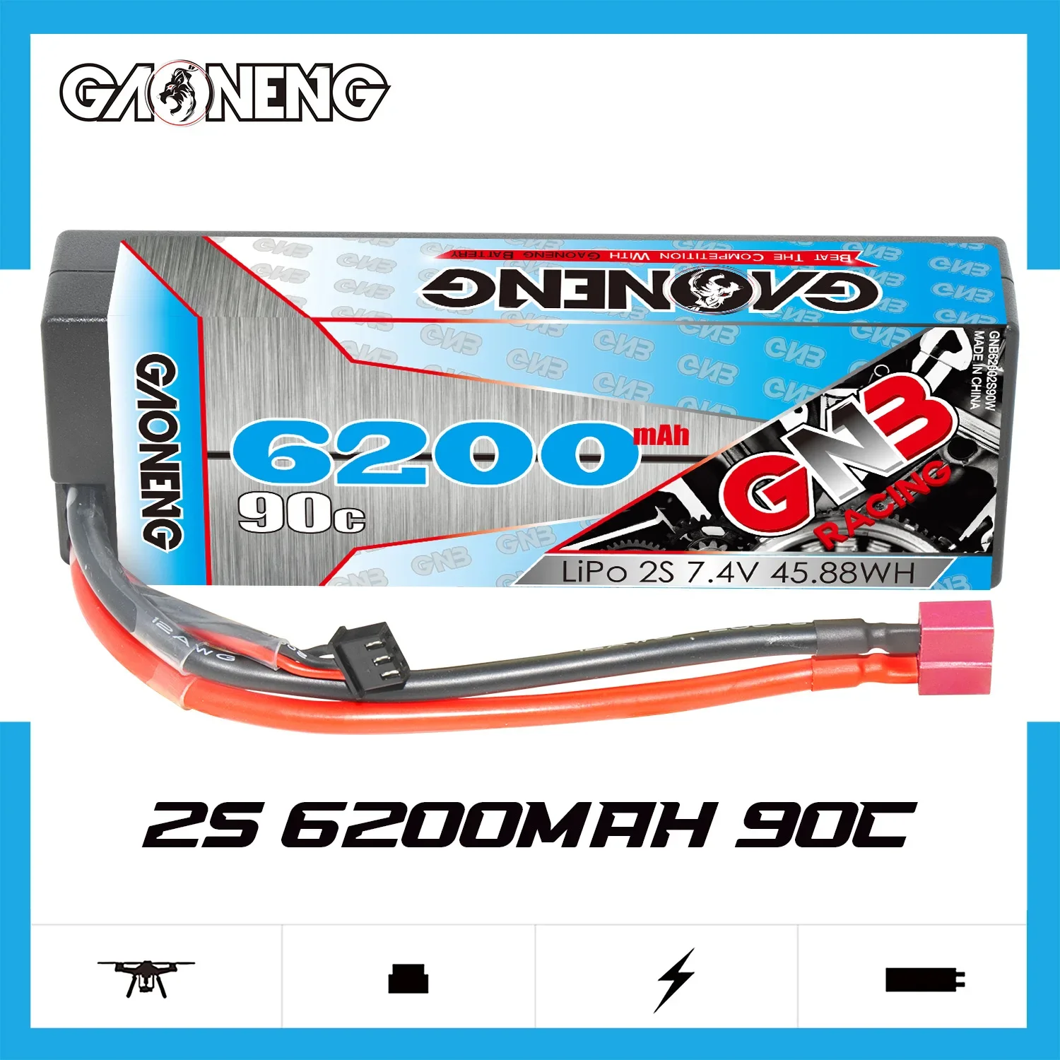 

Литий-полимерный аккумулятор GAONENG GNB 6200 мАч 2S1P 7,4 В 90C/180C в твердом корпусе с разъемом T XT60 EC5 XT90 для 1:10 1/10, запчасти для радиоуправляемых автомобилей, лодок, танков