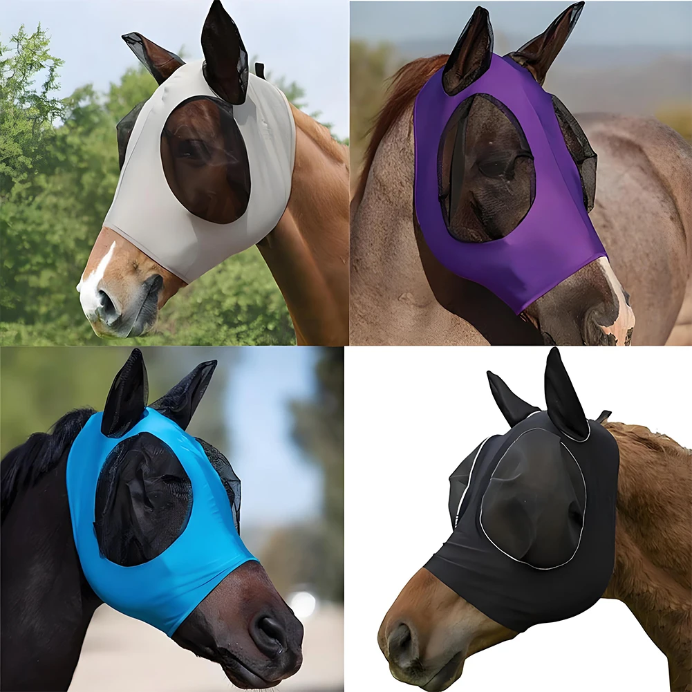 Horse Mask Breathable Anti Fly Stretchy Knitted Mesh Ear Protector Horse Riding Equestrian Equipment