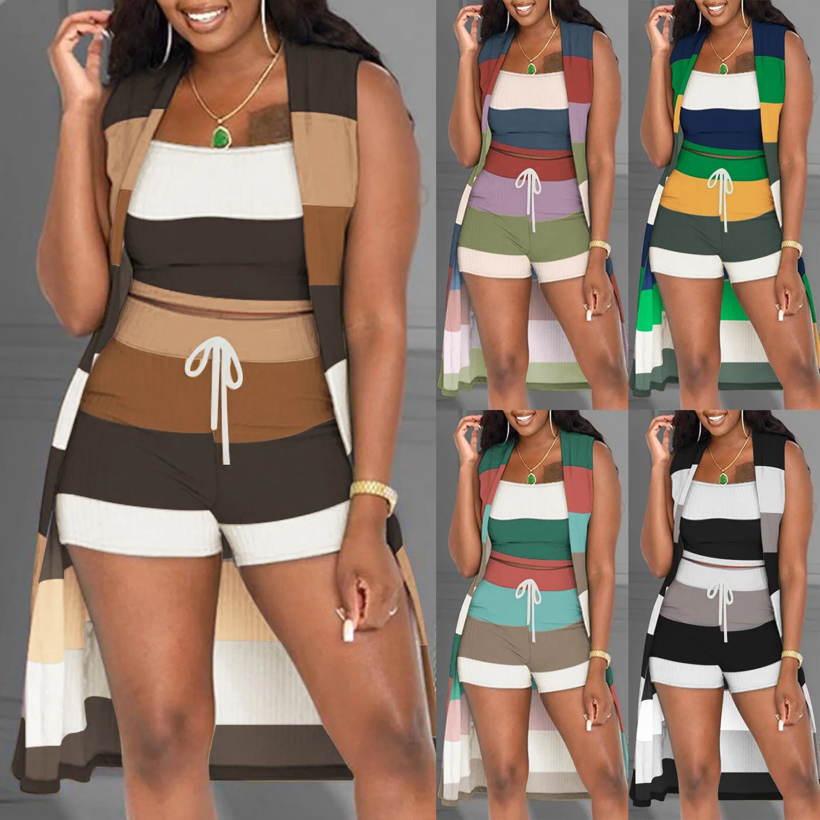 

Ladies Neck Fashion Tight Gradient Three Piece Suit Swimming Suit for Women with Shorts