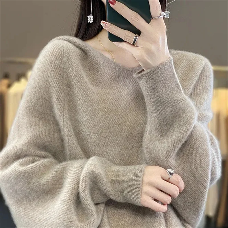 

Winter Bat Sleeve New Fashion Women's Autumn Lazy Wind Hooded The Same Color Knit Pullover Sweater Bottoming Shirt Coat Tide