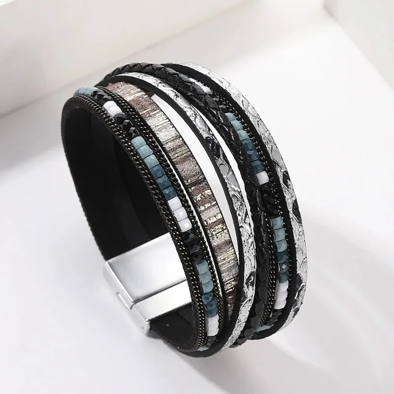 Vintage Bohemian Handwoven Leather Layered Bracelet for Women Men Fashion Alloy Magnetic Buckle Bracelet Bangles for Women