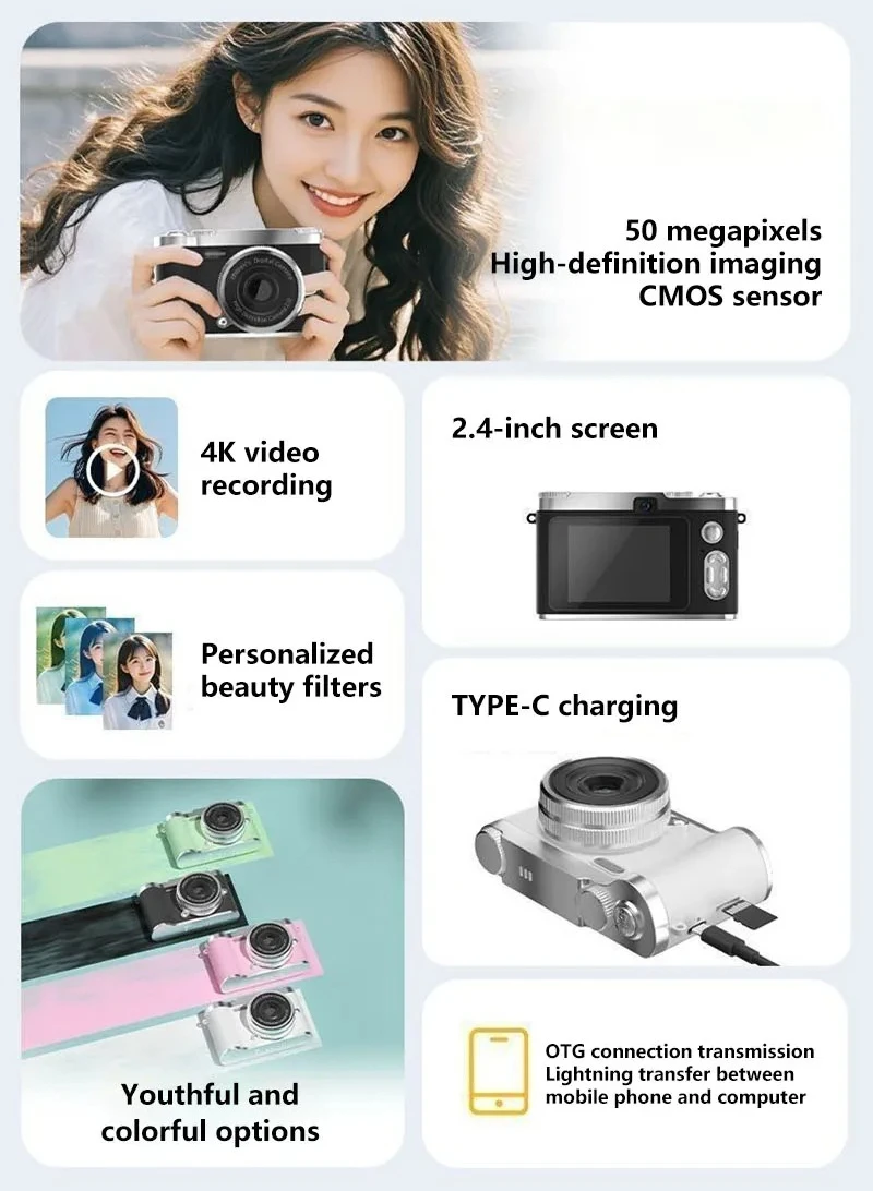 4K Digital CCD Camera 5MP Children Camcorder 8x Zoom Retro Vintage Cameras Auto Focus For Kids Adult Beginners Photograph Travel_voghion.com