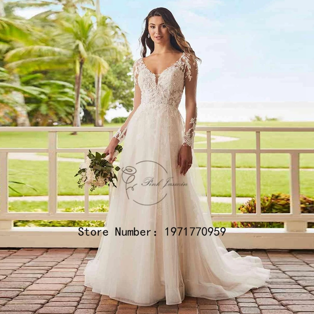 

Ivory V-Neck Long Sleeves Elegant Wedding Dress Illusion Bride Gowns Lace Applique A-Line Court Train Civil vestido de noiva New