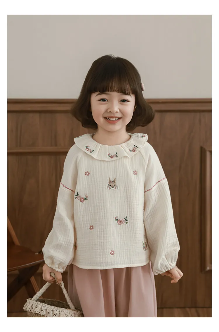여아 2026 봄 피터팬 칼라 토끼 프린트 코튼 블라우스 귀여운 아동용 상의 다용도 편안함 3-10세용