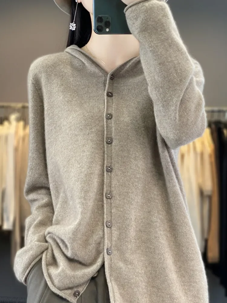 

Sigutan 2023 Autumn Winter New Female 100% Merino Wool Sweater Women Knitted Cardigan Knitwear Loose Hoodie Tops