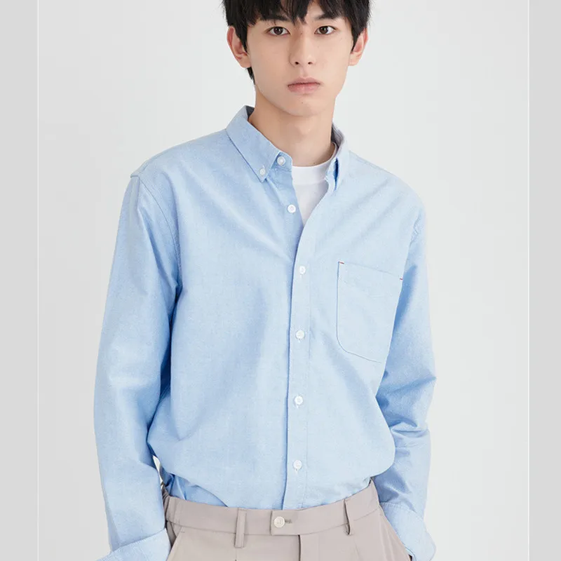 Boweylun Spring And autumn New Cotton Men's Casual Shirt Comfortable Skin-friendly Youth Pop Pocket Solid Color Long Sleeve