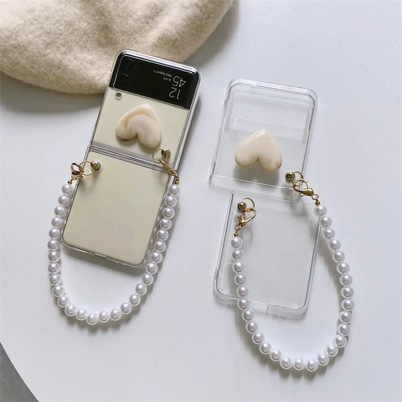 samsung flip3 case Cute Bowknot Transparent Phone Case for Samsung Galaxy Z Flip 3 ZFlip 3 Flip3 5G SM-F711B Case Heart Chain Bracelet Cover Coque samsung galaxy flip3 case