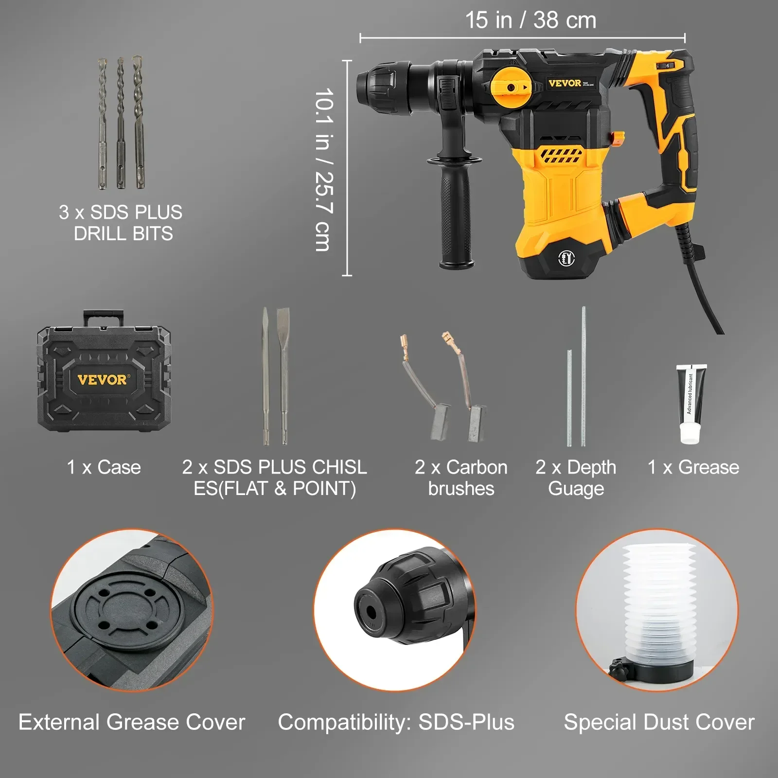 VEVOR Rotary Hammer Drill  1500W Max Drilling 32mm 4 Modes SDS-Plus Corded Demolition Chipping Metal Concrete Breaker Jackhammer 6