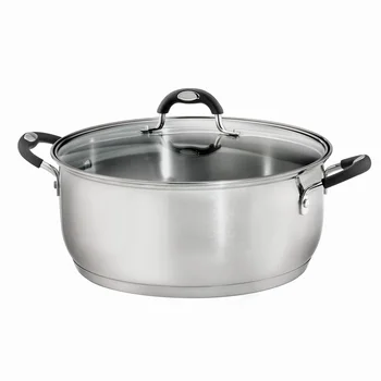 Gourmet Stainless Steel Dutch Oven 9Qt Induction Safe Tri-Ply Base Cooking Pot with Glass Lid Ergonomic Soft Grip Handles Soup 1