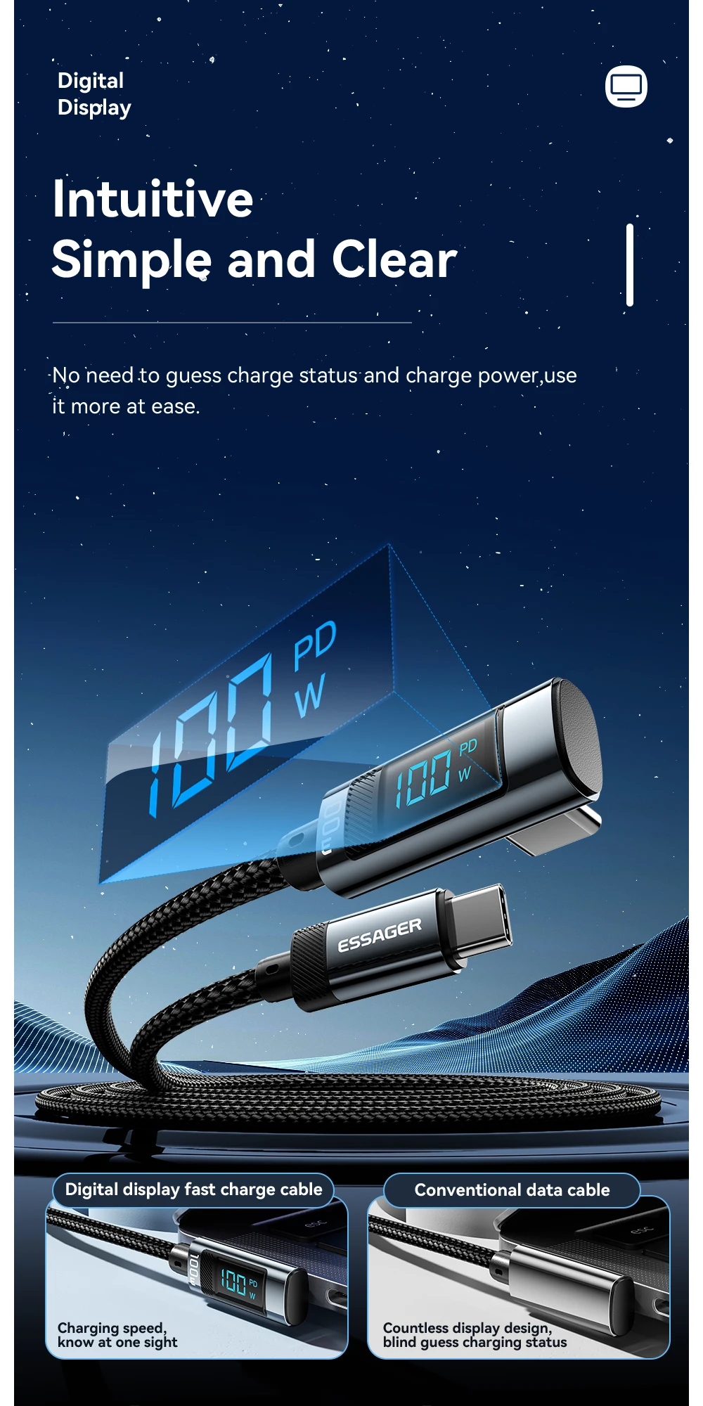 PD100W USB Type C to USB C Cable 5A Fast Charging Cable 90 ° LED Digital Display