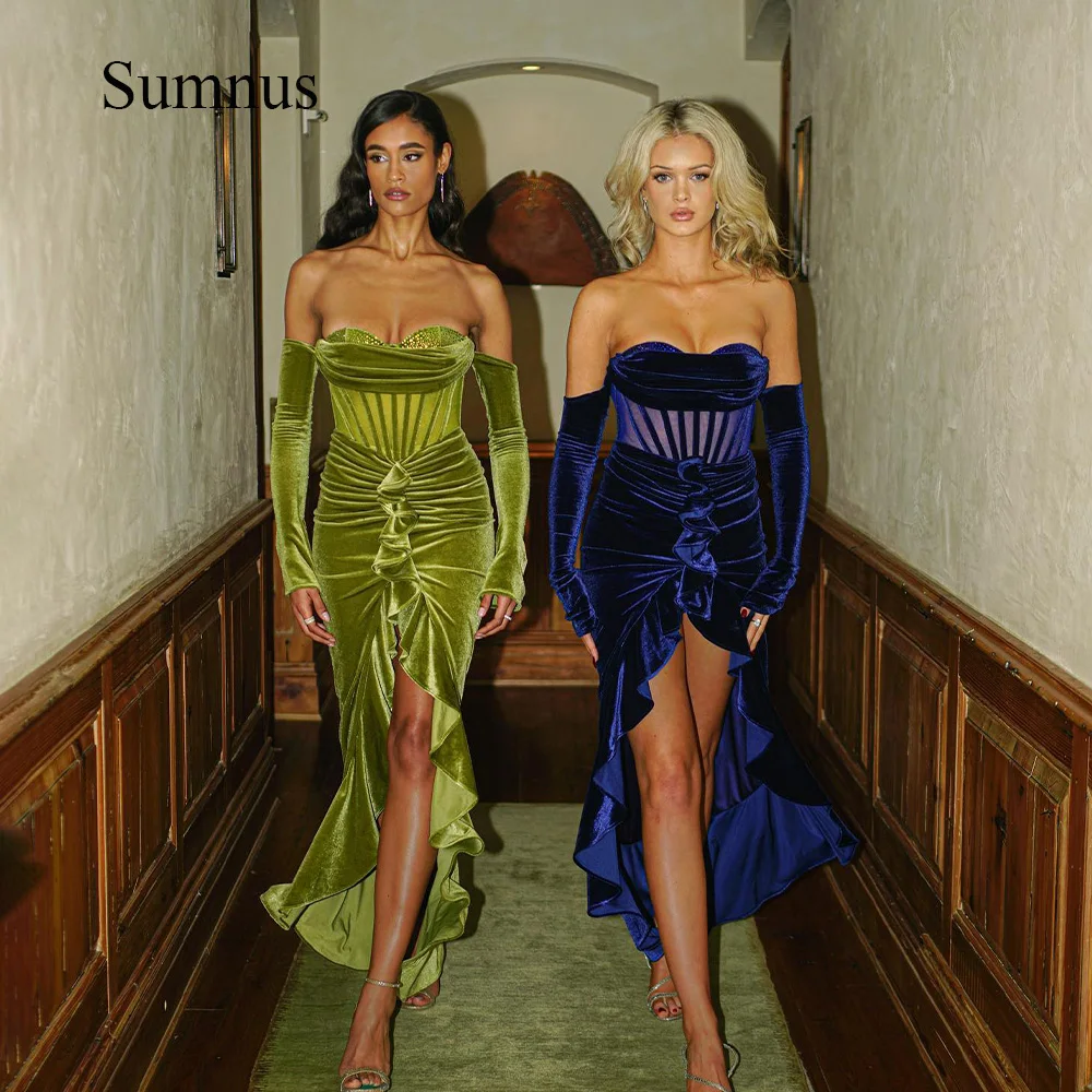 

Sumnus Green Blue Velvet Mermaid Prom Party Dresses Beads Sweetheart Front Split Sexy Celebrate Prom Dress Floor Length 2024